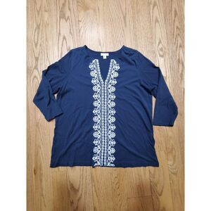 J.Jill Womens M Embroidered Navy Top 3/4 Sleeve Boho Spring Summer Fall EUC